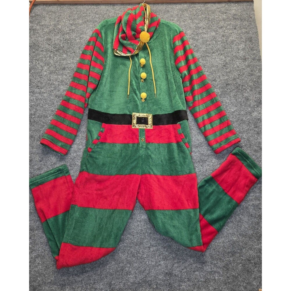 Holiday One Piece Mens Large Multicolor Elf Costume Hooded Fleece Striped
